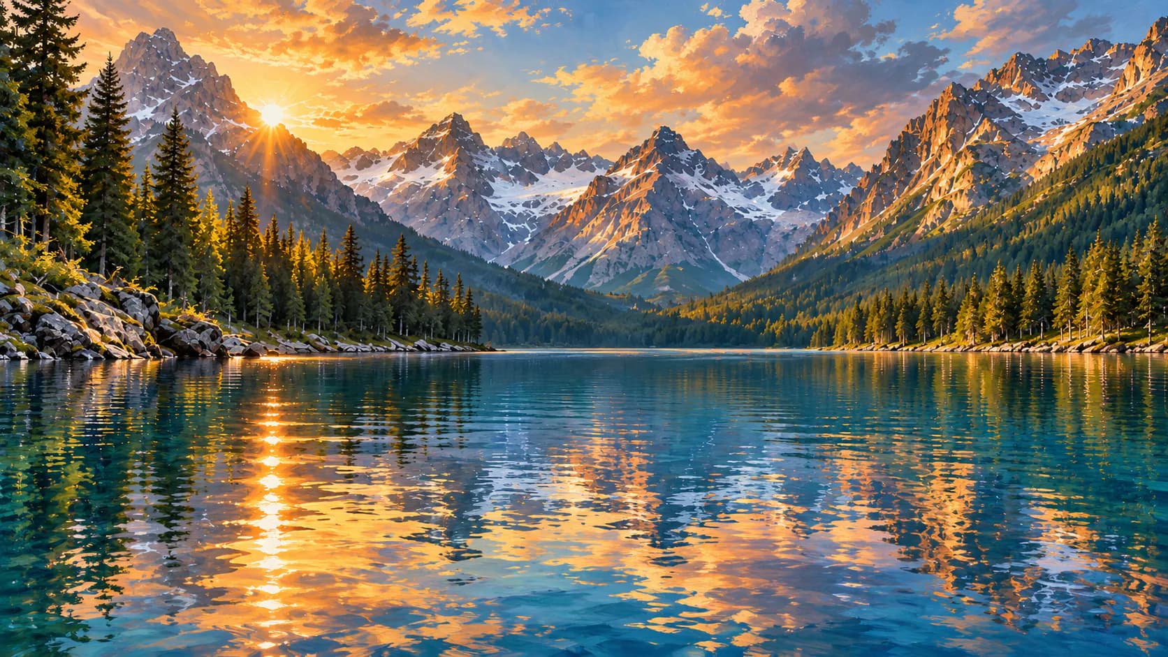 Golden sunset over alpine peaks reflected in a clear mountain lake