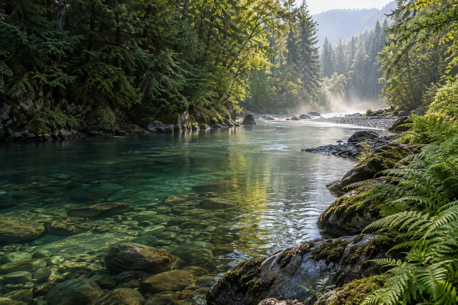 Morning light falling across a clear river in a green forest