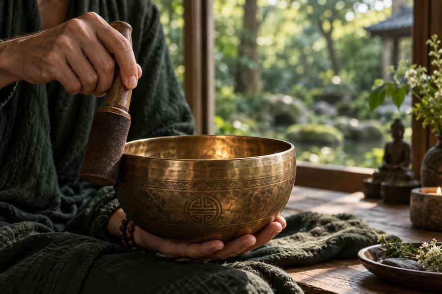 A bronze singing bowl played in a peaceful garden setting