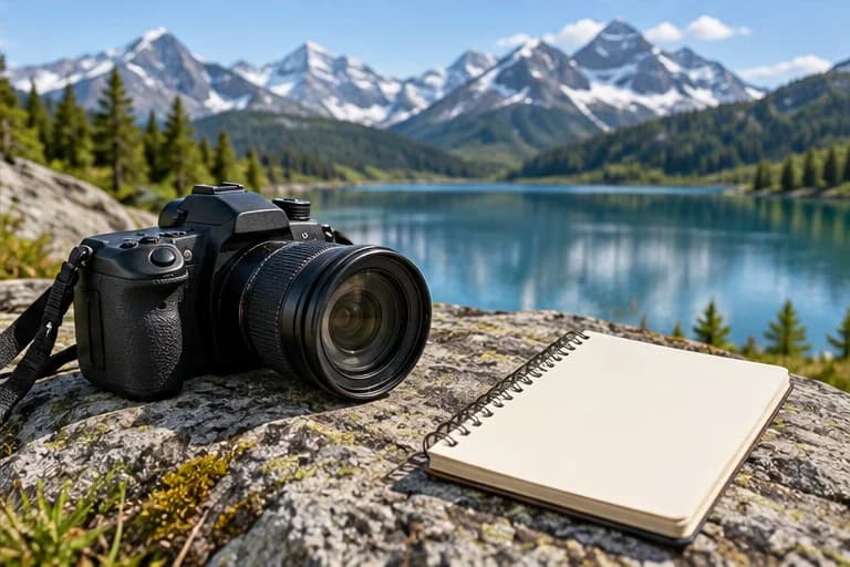 A camera and notebook overlooking a mountain lake