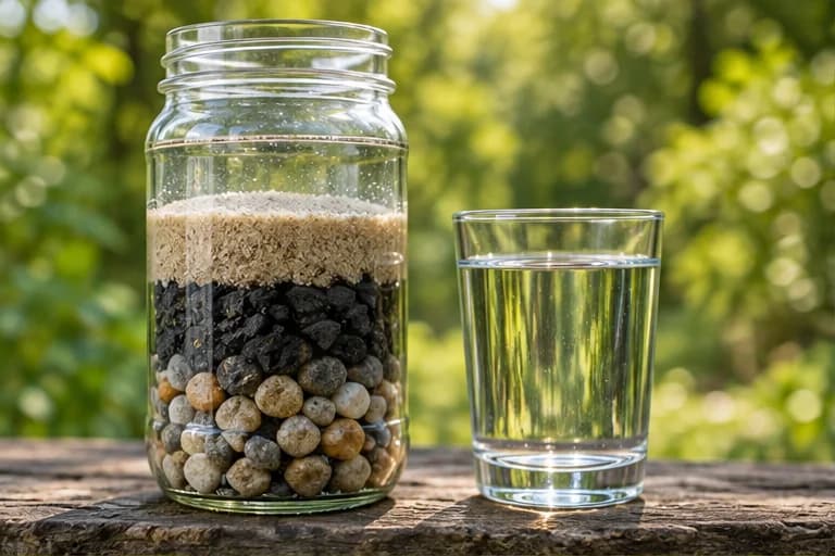 A demonstration water filter with layers of sand, charcoal, and gravel