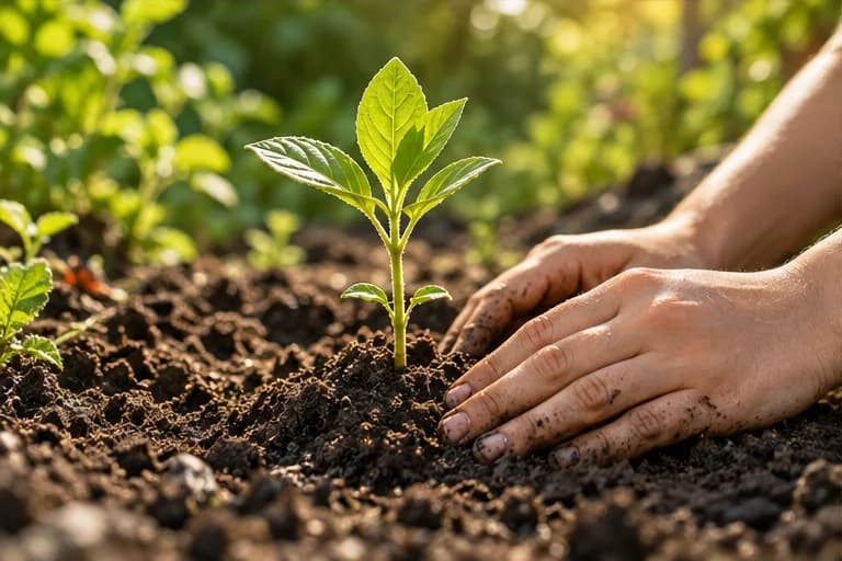 Hands planting a young seedling in garden soil