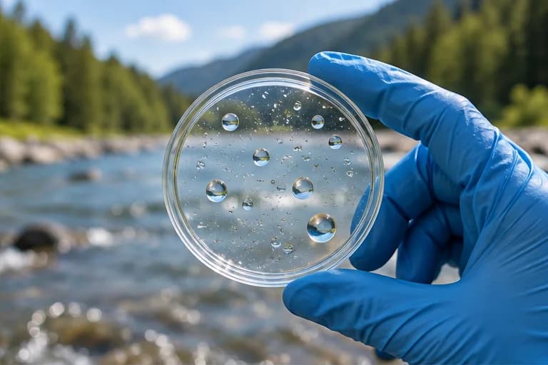 A gloved hand examining a water sample beside a river