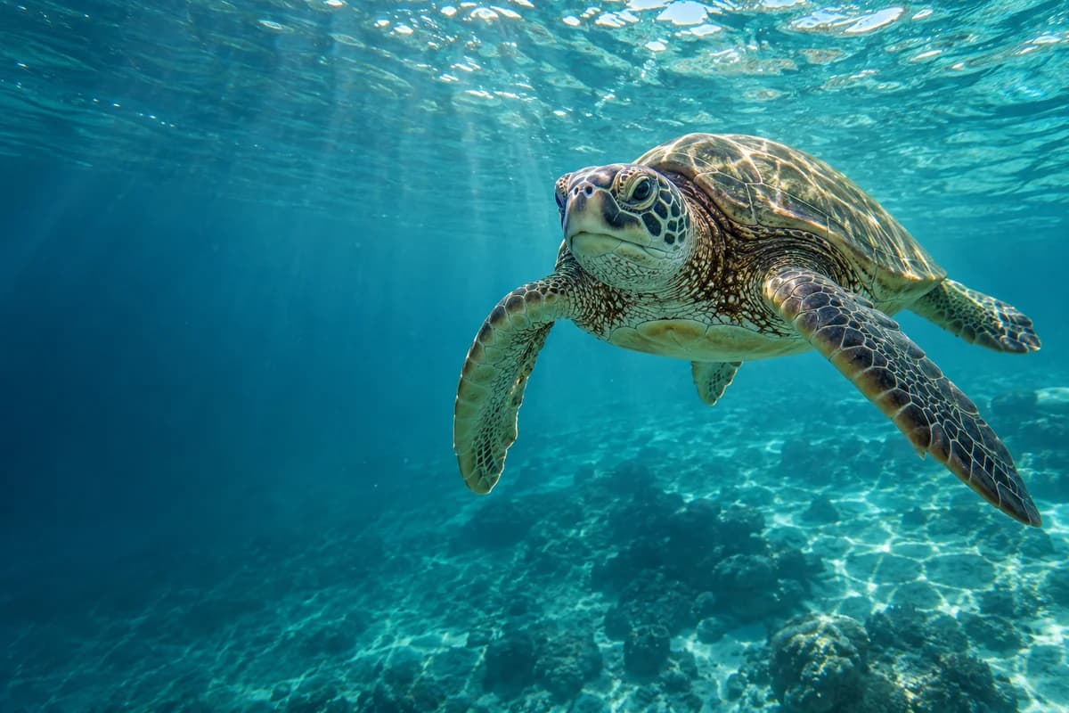 A sea turtle swimming through clear, sunlit ocean water