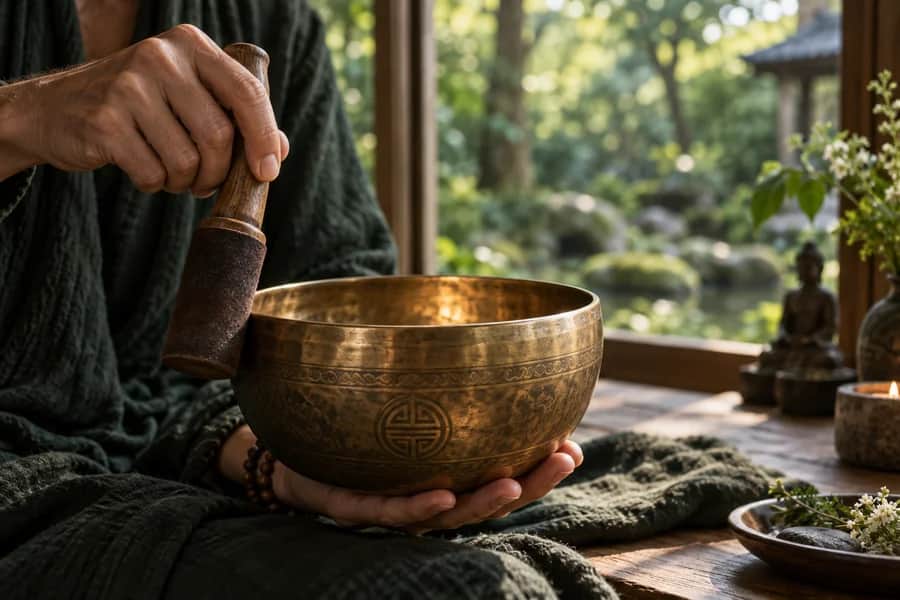 Hands playing a bronze singing bowl beside a garden window