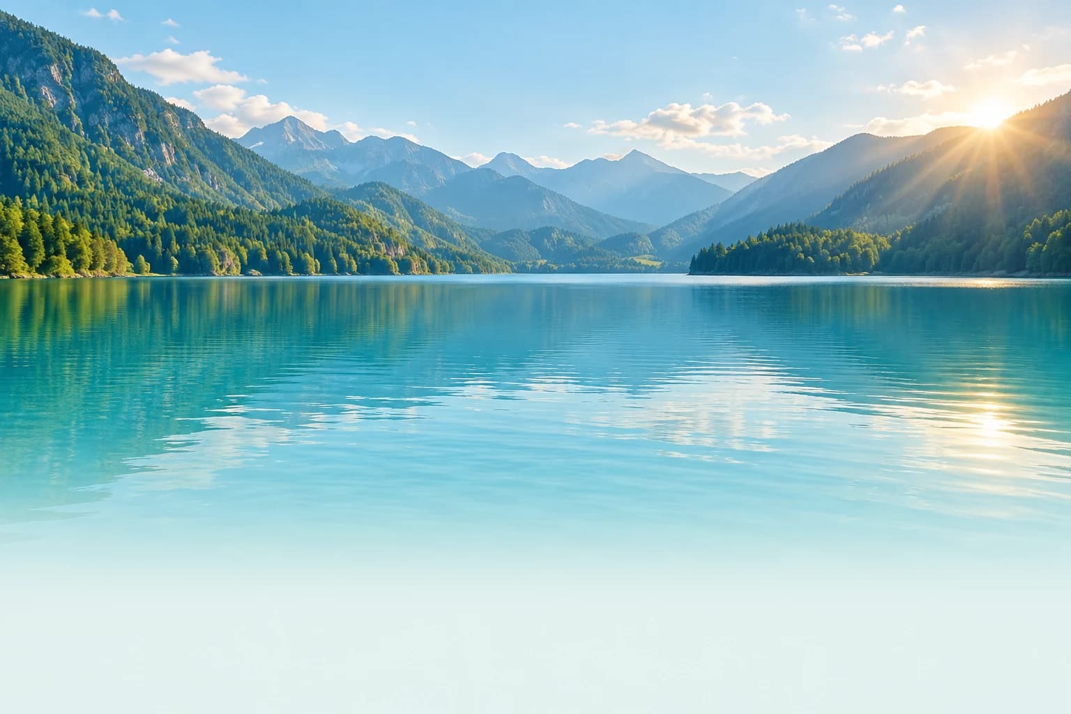 Morning sunlight over a calm turquoise lake and forested mountain shores