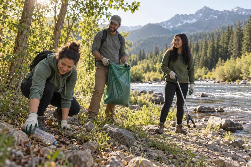 Volunteers collecting litter from a wooded riverbank