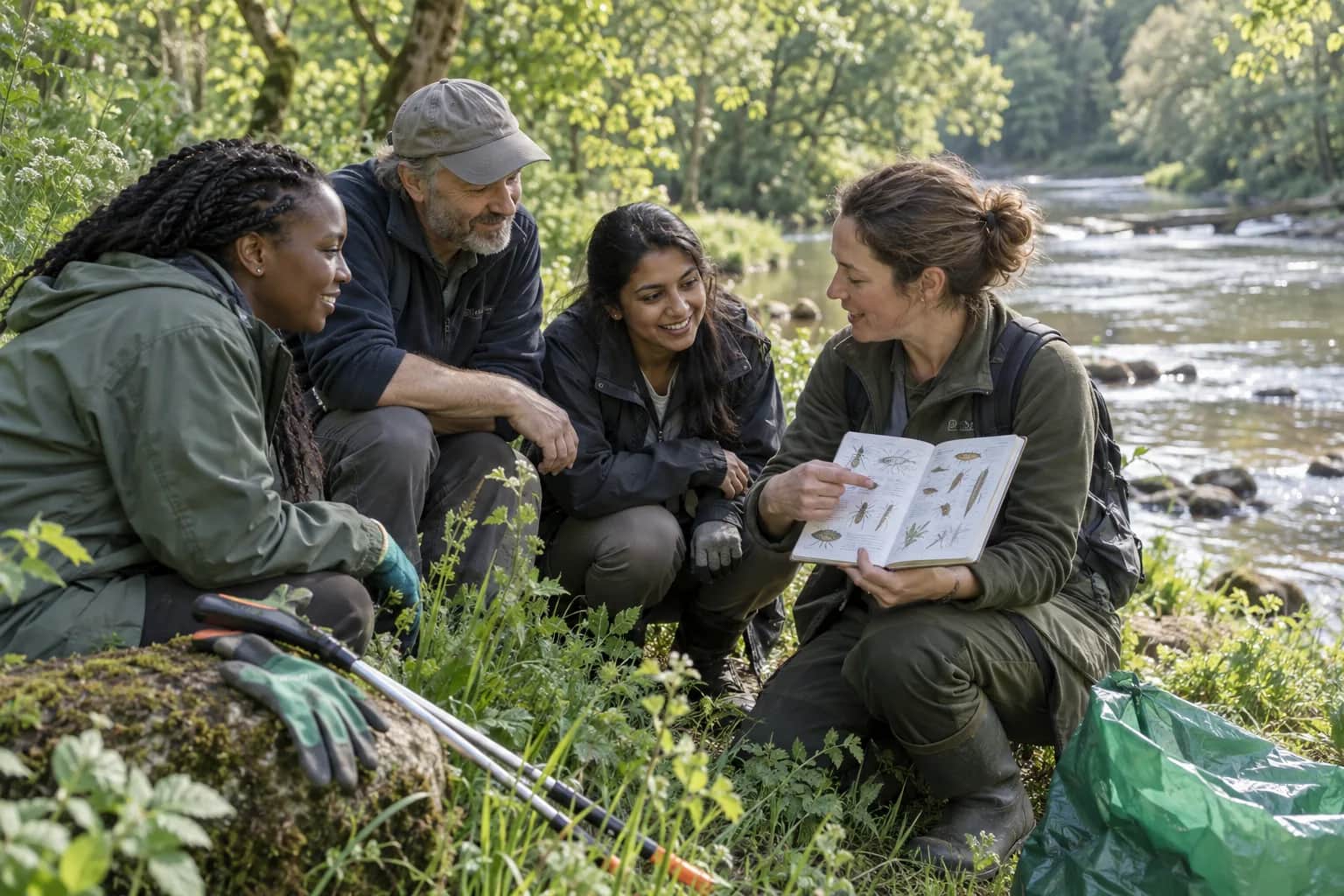 Volunteers learning about river habitats together