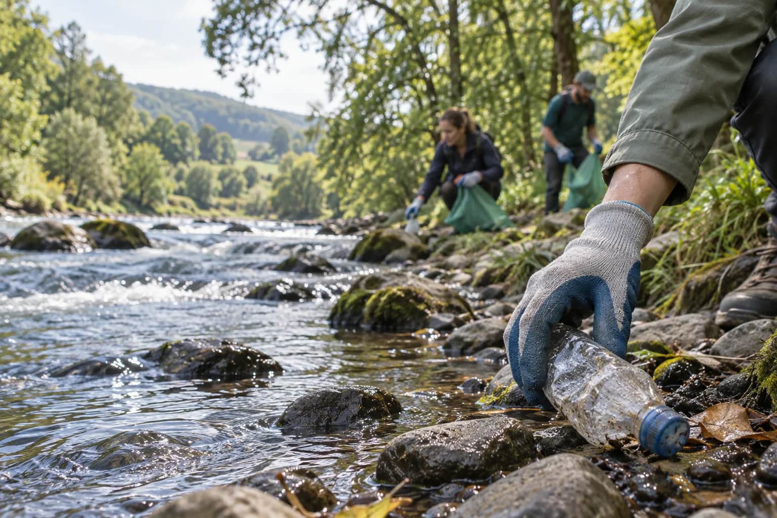 A gloved volunteer collecting a plastic bottle beside a river
